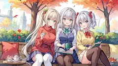 紅葉舞う公園の友情ティータイム