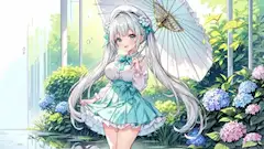 雨の紫陽花園で微笑む銀髪少女