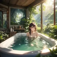 森に溶け込む湯浴み少女