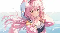 夏のプールで微笑むきつね少女