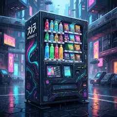 ネオン雨に輝く未来の自販機