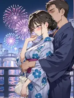 花火の下で寄り添う浴衣の二人