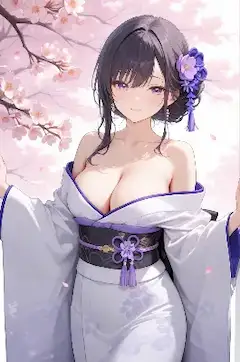 桜の下で輝く白紫の着物