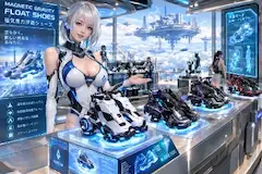 空中都市内の浮遊シューズショップ（”靴屋”）で売られているごついメカエアライドシューズ。