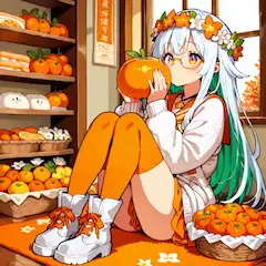 オレンジに頬ずりする花冠少女