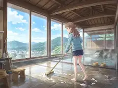 湯宿で清掃の手伝い