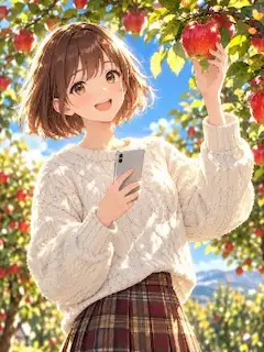 りんご畑でスマホと秋の瞬間