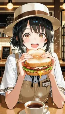 カフェの休憩タイム：巨大バーガーの誘惑