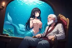 海底の窓辺で出会う人魚と老船長