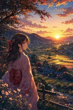 夕陽に染まる里山の少女。