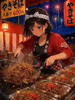 花火舞う夜の屋台で焼きそば