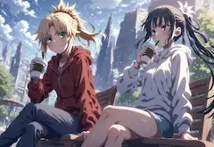 一緒にコーヒーを飲むモードレッドと荊軻