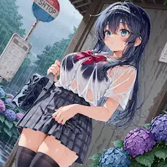 雨に濡れたバス停の少女