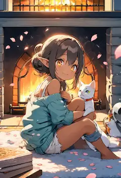 暖炉の前でくつろぐエルフさんとにゃんこ
