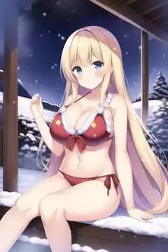 温泉に入るサンタビキニの女の子です。