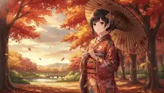 紅葉舞う古道を往く和傘の少女
