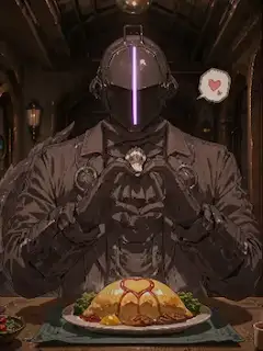 紫の光とハートのオムライス