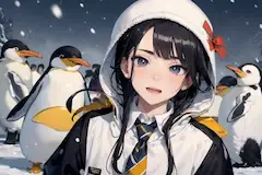 大雪が嬉しくてペンギンとはしゃぐ先輩。