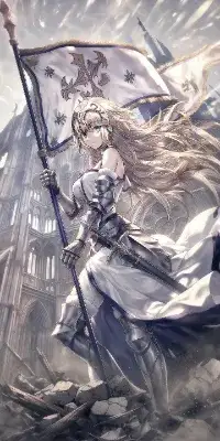 瓦礫の上に旗を持って立っているジャンヌ