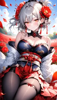 彼岸花の海で微笑む銀髪の乙女