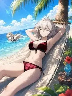ビーチでハンモックに笑顔で寝そべる水着姿のジャンヌオルタ！