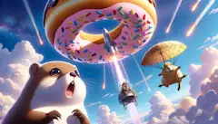 ドーナツのロケットから降りるプレーリードッグと見上げるタヌキです。