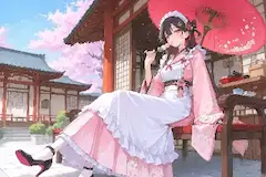 露店先で休憩中の店員さん、桜舞う中で団子を味わう