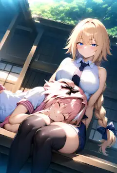 ジャンヌちゃんに膝枕するアストルフォくん