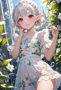 泡と花に囲まれたエルフの微笑み