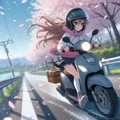 原付きで桜並木を走っている女の子