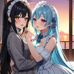 夕陽に微笑むふたりのメイド(借り物プロンプト)