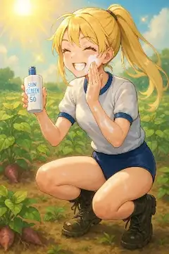 畑と日焼けと紅白帽