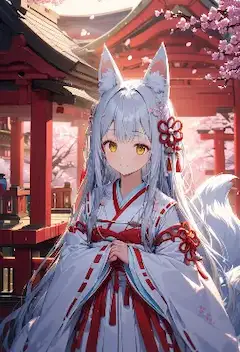 桜舞う古い神社で出会った白狐の少女