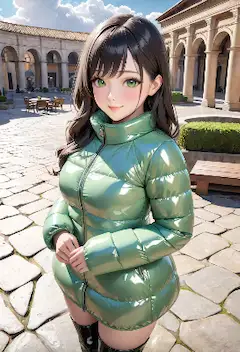 ミントグリーンのダウンコート