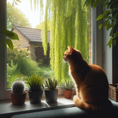 柳を見ている猫を見る