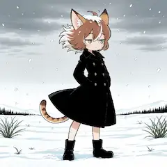 ねこねこ冬早く来い祈願（雪舞う冬空の下の猫耳少女）