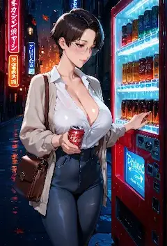雨の夜、自販機で一息つく彼女