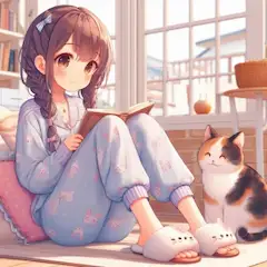 猫様に本を読んであげてる女の子