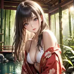 竹林の陽光に包まれた美女