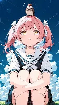 頭上の小さな友達と青空の出会い