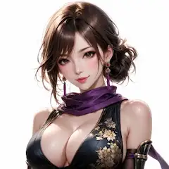 紫のスカーフを纏う黒髪美女