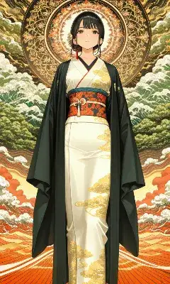 波涛に立つ神聖な着物少女
