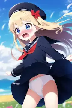 突風に驚く金髪少女 その3