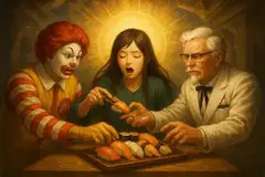 寿司を分け合う儀式をする者たちを表す平和的な絵画