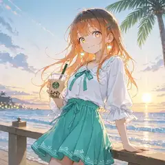 夕陽のビーチで微笑むボバティーガール