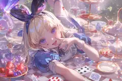不思議の国のお茶会で遊ぶ少女