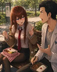 公園のベンチで言い合いをしながら弁当を食べる牧瀬紅莉栖と岡部倫太郎