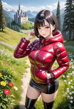 赤いダウンジャケットと森の中の古城