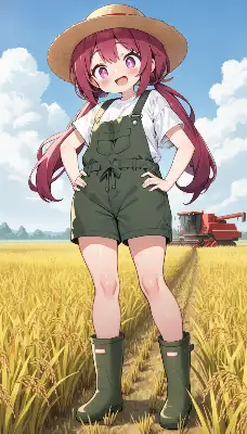 稲刈りをする少女