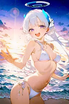 ノアが朝焼けの中白いビキニ姿を披露してくれました！！